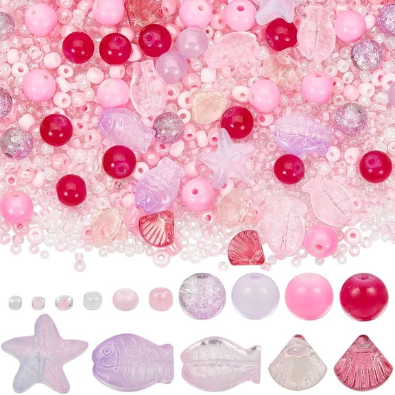 1 Box 3100+Pcs Sea Beads Kit Ocean Glass Beads Glass Fish Beads Starfish Shell Beads Pink Glass Seed Bead Summer Hawaii Spacer Beads