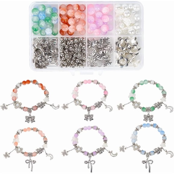 1 Box about 310Pcs DIY 6 Sets Bracelet Kit Cute Bracelets Making Kits Glass Beads Pink Pearl Silver Bowknot Charms for Jewelry Making Charm Crafts Supplies Beginners Starter Women Adults