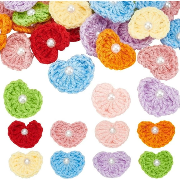 1 Box 32 PCS 8 Colors Pearl Crochet Heart Appliques 1.0x1.3inches Heart Shaped Wool Sew on Crochet Patches Mini Knitted Handmade Heart Pearl Appliques for DIY Cloth Bag Accessories