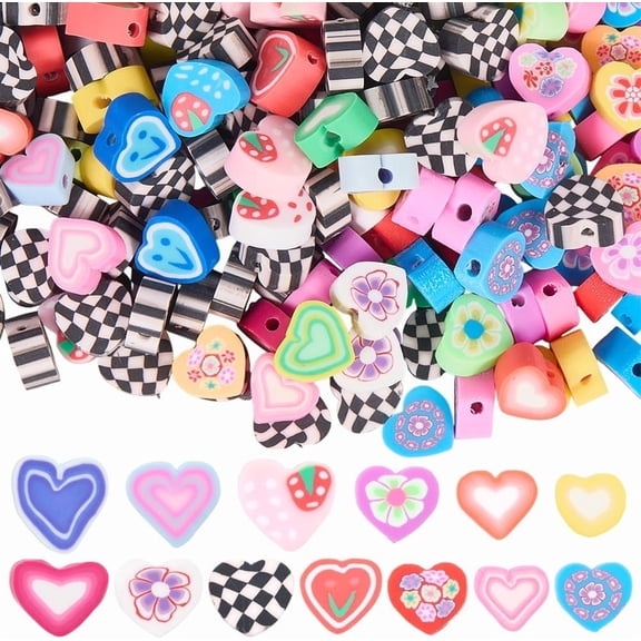 1 Box 320Pcs 4 Styles Polymer Clay Heart Beads Rainbow Heart Bead Loose Bulk Checkered Sweet Love Romantic Flower Spacers for Jewelry Making Findings Earrings Bracelets DIY Crafts Mixed Color