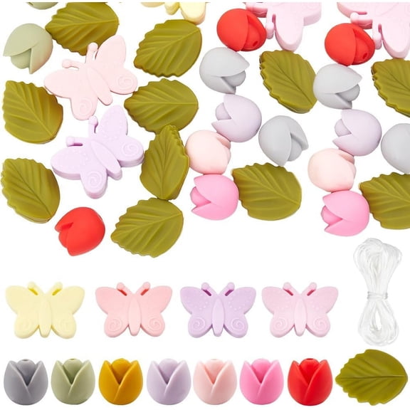1 Box 32Pcs 12 Colors Silicone Beads Kit Pink Butterfly Beads Spring Small Red Yellow Green Tulip Flowers Leaves Beads for Jewelry Making Earring Bracelet Christmas Wedding Women Beginners Colorful
