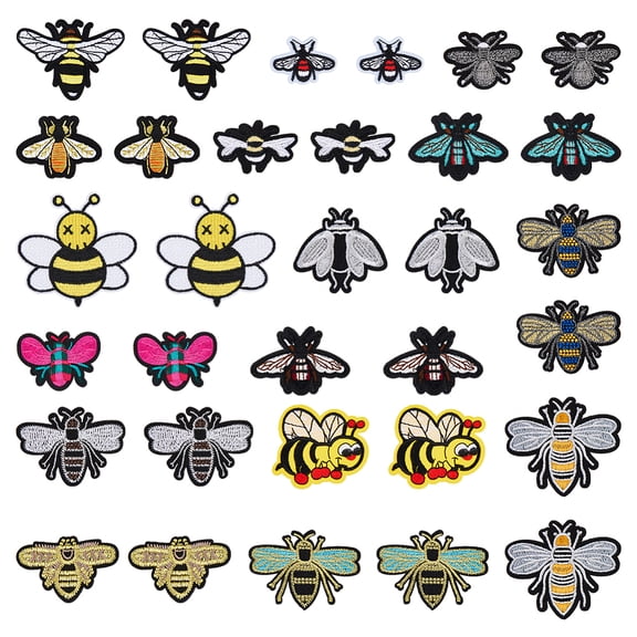 1 Box 32Pcs 16 Style Bees Iron on Cloth Patches Polyester Sew on Embroidery Appliques Sewing Craft Decoration Mixed Color 28~68x38~71.5x1~1.5mm