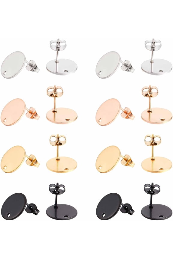 1 Box 32Pcs 4 Colors Flat Round Earring Posts Stainless Steel Earring Post Ear Stud with Loop Blank Metal Earring Studs Ear Nuts for Earrings Jewelry Making DIY Women Adults Crafts Suppies