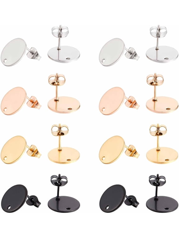 1 Box 32Pcs 4 Colors Flat Round Earring Posts Stainless Steel Earring Post Ear Stud with Loop Blank Metal Earring Studs Ear Nuts for Earrings Jewelry Making DIY Women Adults Crafts Suppies