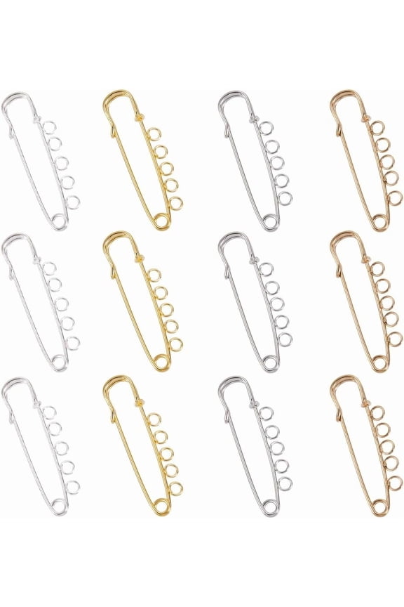 1 Box 32Pcs 4 Colors Safety Brooch Pins Kilt Pin Bulk Metal Iron Gold Silver Heavy Duty Fastener Loops Clasp Brooches Findings with 5 Holes for Sweater Hat Clothes DIY Jewelry Accessories