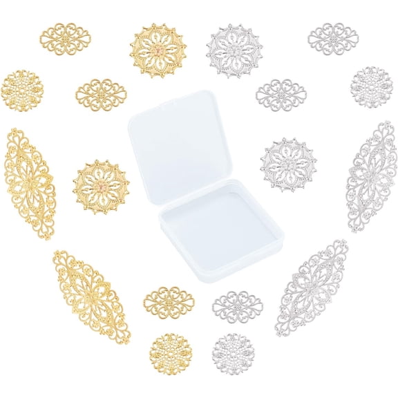 1 Box 32Pcs 4 Styles Filigree Connector Charms Flower Joins Links Wraps Brass Hollow Linking Pendants for DIY Jewelry Making Bracelets Necklaces Crafts Supplies Golden Silver Colorful