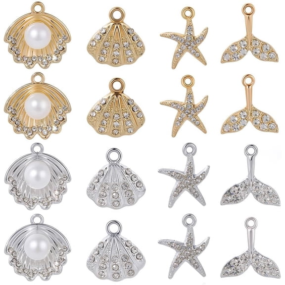 1 Box 32Pcs 4 Styles Rhinestone Beach Charm Gold and Silver Ocean Charms Bulk Boho Hawaii Alloy Summer Ocean Pendants