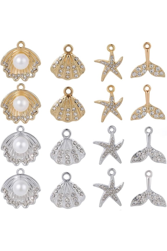 1 Box 32Pcs 4 Styles Rhinestone Beach Charm Gold and Silver Ocean Charms Bulk Boho Hawaii Alloy Summer Ocean Pendants