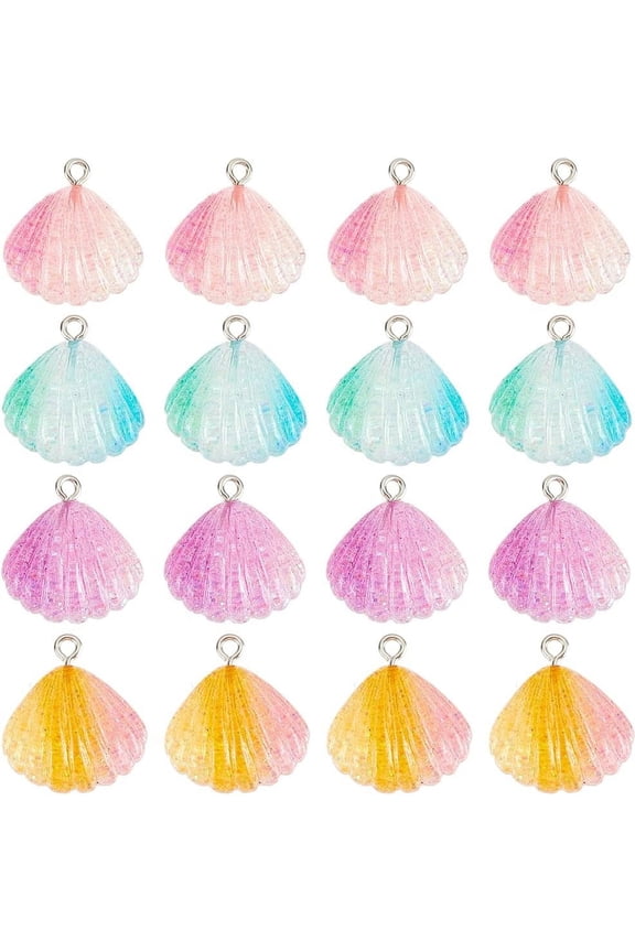 1 Box 32Pcs 4 colors Shell Charms Bulk Ocean Shell Charm Gradient Glitter Transparent Seashell Alloy Resin Summer Sea Charms