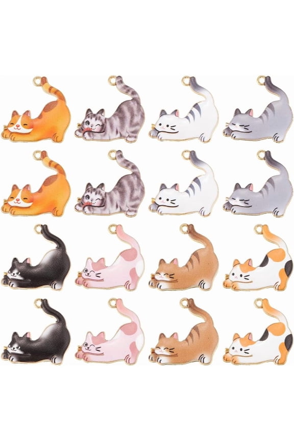 1 Box 32Pcs 8 Colors Cat Enamel Charm Mini Pet Charms Bulk Assorted Golden Metal Alloy Printed Carton Animals Kitty Dangle Charm for Jewelry Making Charms Earrings DIY Crafts Accessories