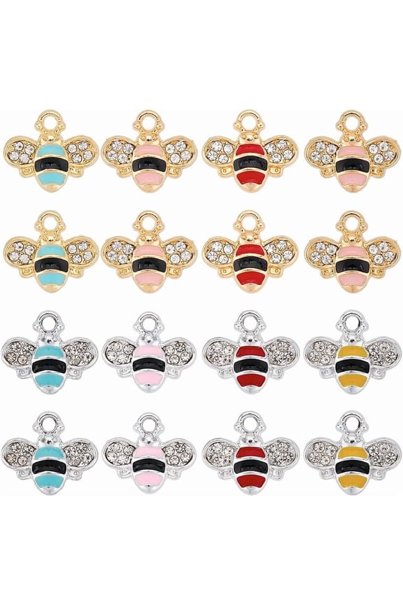 1 Box 32Pcs 8 Colors Rhinestone Bee Charms Bulk Gold Honey Bee Charm Small Mixed Silver Yellow Alloy Enamel Spring Insect Pendants