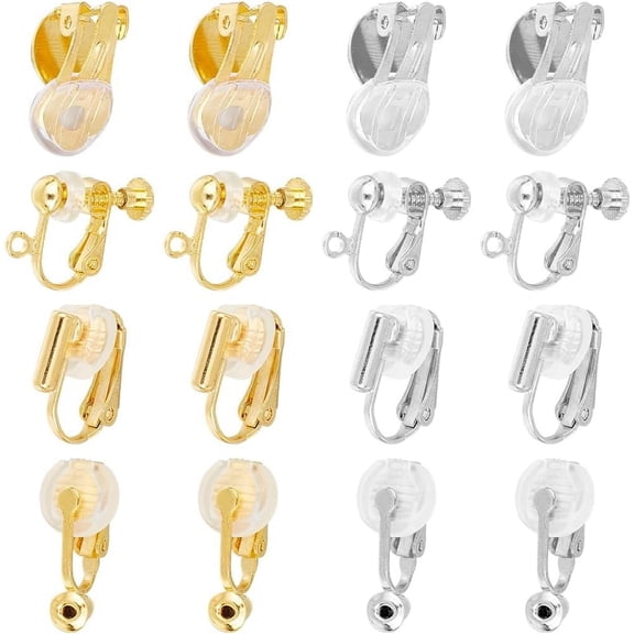 1 Box 32Pcs 8 Style Gold Earring Converter Silver Earrings Clip Back Brass Screw Back Clip on Earring Findings for Jewelry Making Supplies Colorful