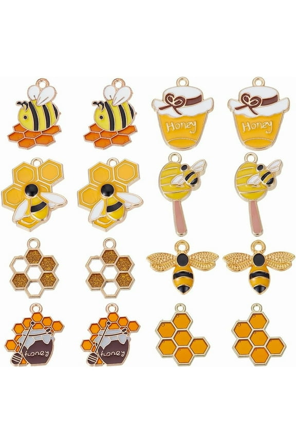 1 Box 32Pcs 8 Styles Enamel Bee Charms Honeycomb Charm Bulk Metal Alloy Yellow Animals Bees Themed Honey Pot Small Pendants for Jewelry Making Necklace Bracelet Earrings DIY Crafts Supplies