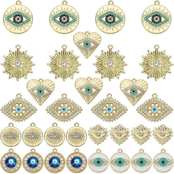 1 Box 32Pcs 8 Styles Evil Eye Charms Bulk Turkish Eye Charm Alloy Rhinestones Golden Blue Round Heart Eyes Sun Charms for Jewelry Making Charms DIY Crafting Necklaces Bracelets Earrings
