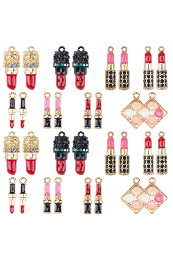 1 Box 32Pcs 8 Styles Lipstick Charms Enamel Dangle Charms Colorful Rhinestone Eyeshadow Alloy Make Up Hanging Metal Keychains Pendants