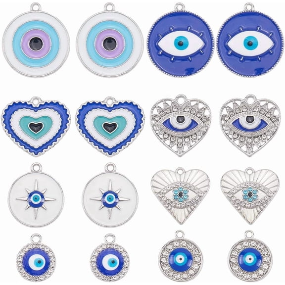1 Box 32Pcs 8 Styles Rhinestone Charm Silver Enamel Charms Bulk Flat Round Heart Cubic Zirconia Alloy Pendants for DIY
