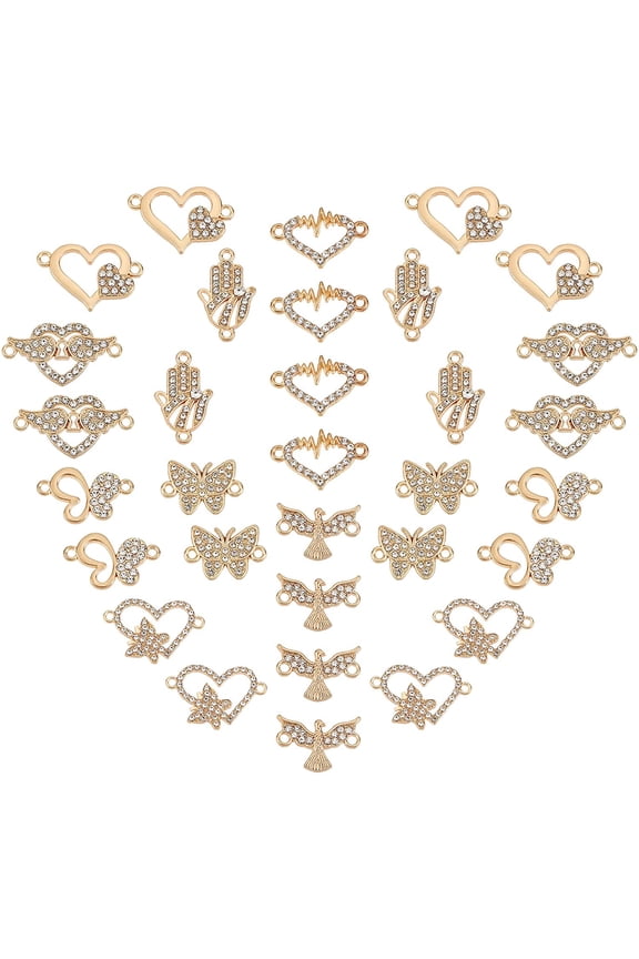 1 Box 32Pcs Connector Charms Rhinestone Links Connectors Heart Love Charm Micro Pave Butterfly Bird Hamsa Linking Charm Double Loop Charms for Jewelry Making Charm DIY Bracelets Supplies for DIY