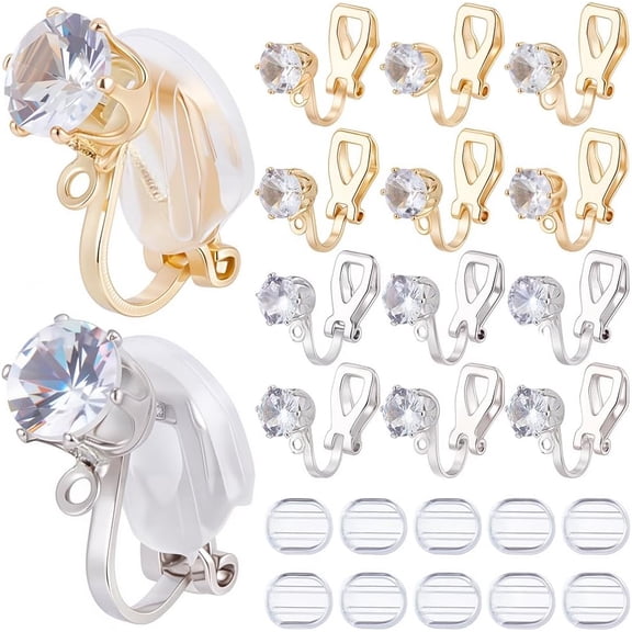 1 Box 32Pcs Gold Earring Converter Silver Earrings Clip Back Brass Non Pierced Triangle Earring Component with Rhinestone and Pads Clip on Earring Findings for Jewelry Making Supplies for DIY