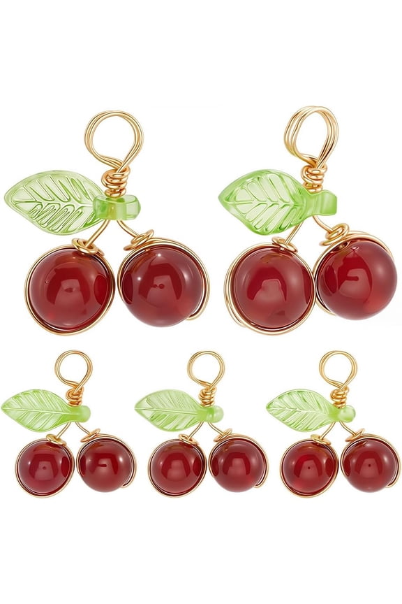 1 Box 32Pcs Natural Carnelian Red Cherry Charms Round Copper Wire Wrapped Mini Cute Fruit Charm with Acrylic Leaves