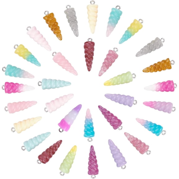 1 Box 32Pcs Resin Unicorn Horn Charms Unicorn Charm Beads Glitter Unicorn Horn Charm Loose Beads for DIY Party Favor Decoration Crafts Bracelet Necklace Earrings Jewelry Making Findings