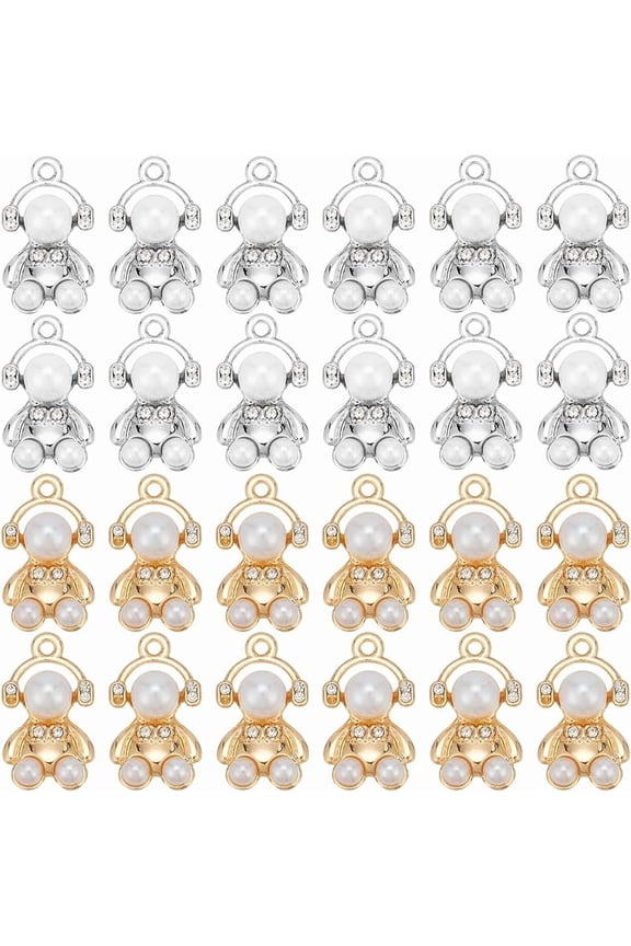 1 Box 32Pcs Teddy Bear Charms Bulk Alloy Mini Cute Animal Rhinestone Plastic Pearl Silver Bears Gold Dangle Charm