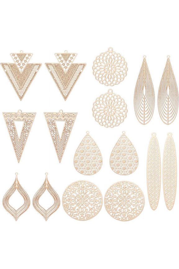 1 Box 32pcs Brass Light Gold Boho Filigree Pendant Teardrop Round Charms Boho Filigree Pendant Jewelry Making Charms Earring Charms Gift For DIY Lover 30~61mm