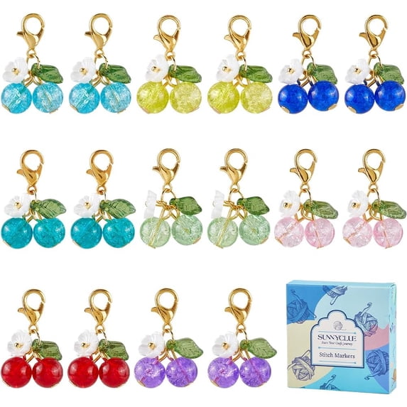 1 Box 32pcs Cute Charm Stitch Markers Crochet Marker Charms Glass Weaving Cherry Fruits Food Knitting Zipper Sewing Locking with Gold Lobster Clasp