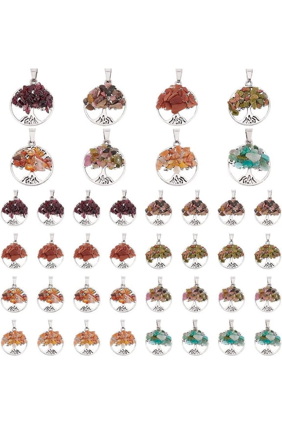 1 Box 32pcs Tree of Life Pendant Tree of Life Chakra Stone Pendants Mixed Natural Gemstone Pendants Luck Charm Crystals for Necklace Earring Jewelry Making