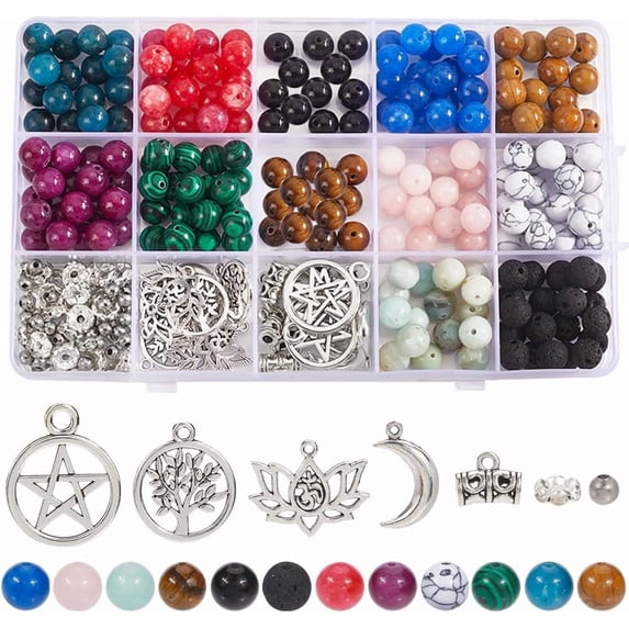1 Box 334Pcs Stone Beads Kit Gemstone Beads Gemstone Round Beads Black Onyx Yellow Jade Tiger Eye Flower Amazonite Bead Stone Beads DIY