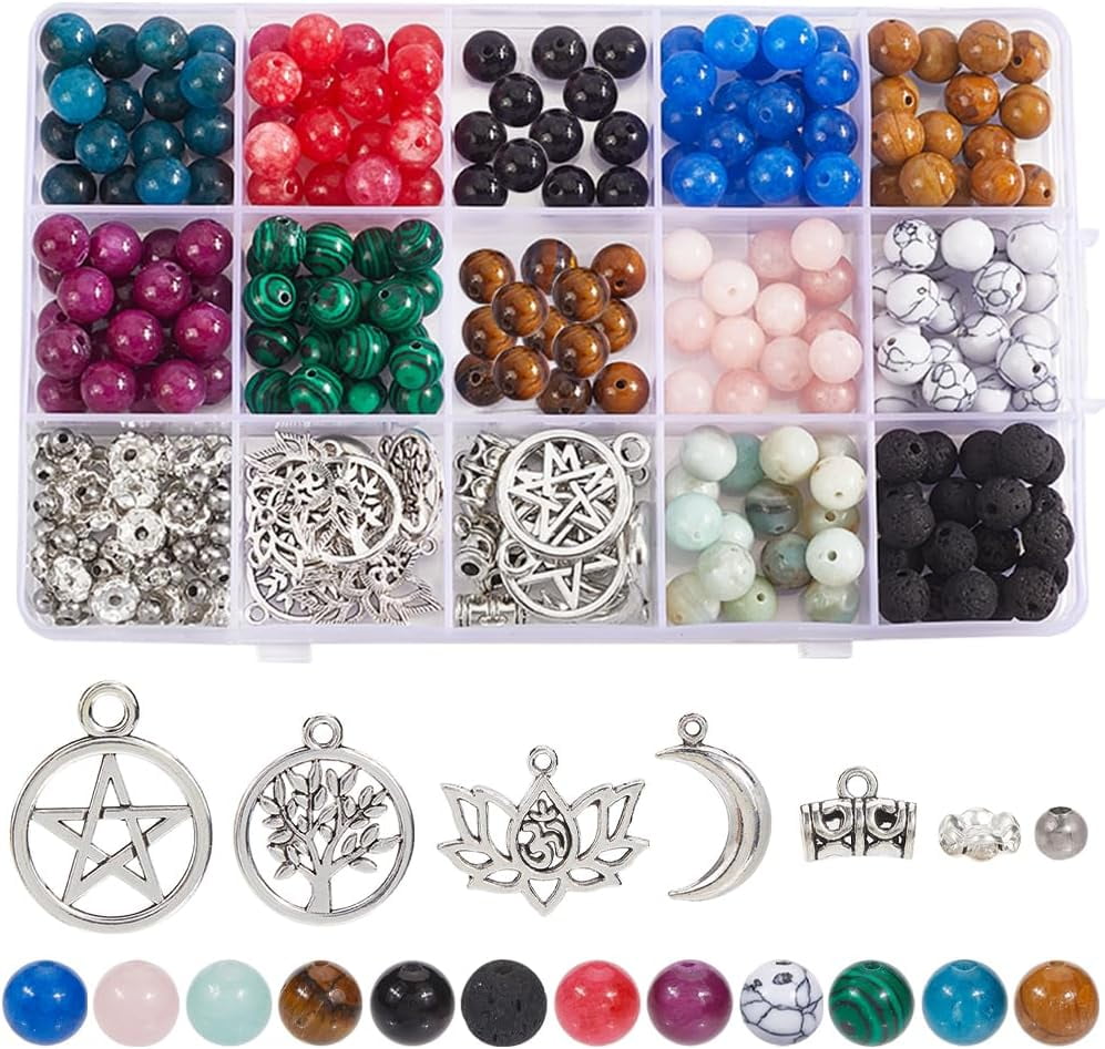 1 Box 334Pcs Stone Beads Kit Gemstone Beads Gemstone Round Beads Black Onyx Yellow Jade Tiger Eye Flower Amazonite Bead Stone Beads for Jewelry Making Kits DIY Earrings Bracelet Necklace