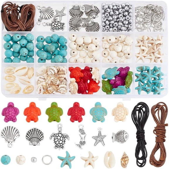 1 Box 336pcs Ocean Jewelry Making Kit Turquoise Turtle Beads Starfish Seashell Beads Charms Tortoise Pendants Cowrie Shell Beads for Summer Beach Necklace Earring Bracelet Anklet Making