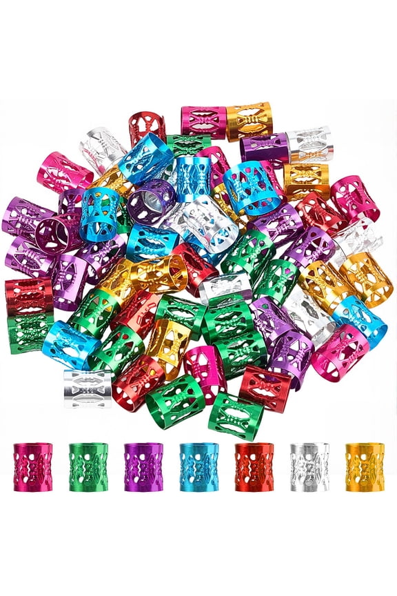 1 Box 350Pcs 7 Colors Colorful Hair Cuffs Aluminum Hair Jewelry Metal Adjustable Vintage Dreadlock Braiding Coil Beads Rings Clips Cuff for Party Headdress Decorations Accessories DIY
