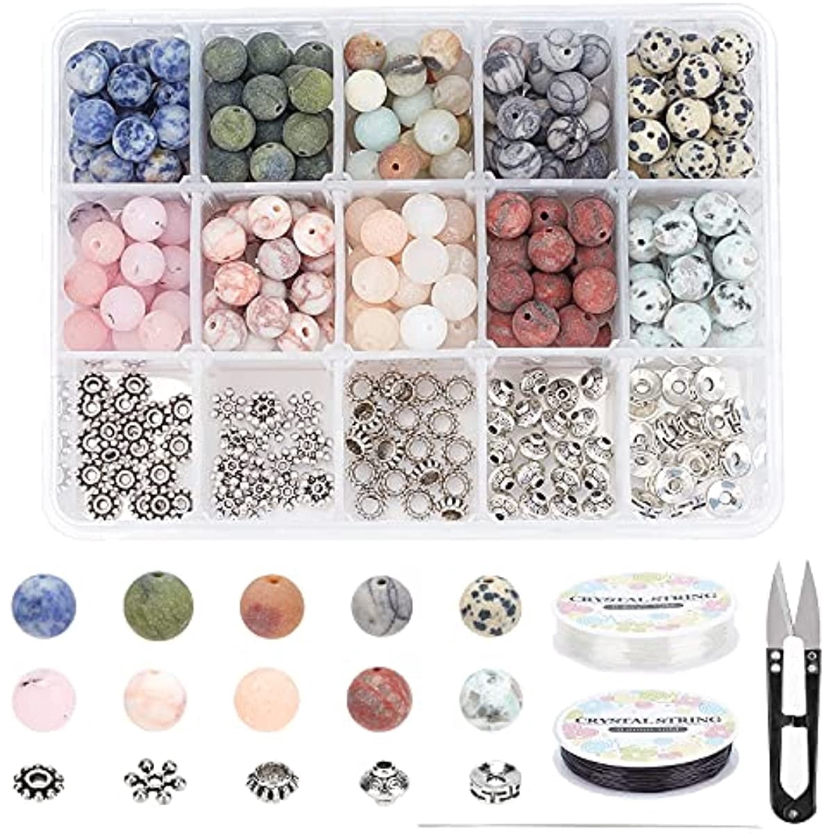 350Pcs+ Stone Beads Box Set Kits 10 Material 8mm Natural Frosted Stone 5 Styles Alloy Spacer Beads Red Blue Spot Jasper Aventurine