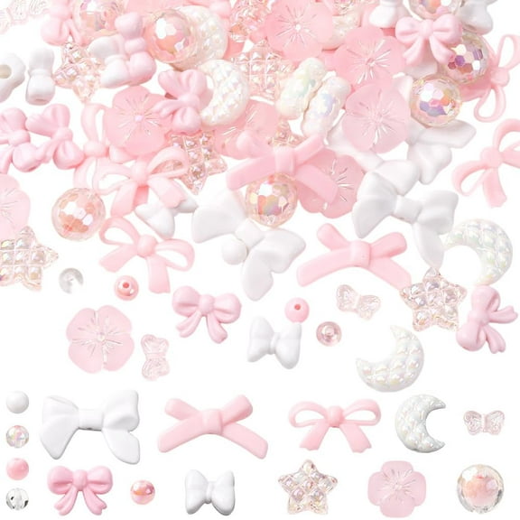 1 Box 350pcs Bead Kit Pink Coquette Beads Valentine's Day Cute Acrylic White Knot Bowtie Star Moon Round Spacers for Jewelry Making Women Wedding Birthday Bracelets Crafts Supplies
