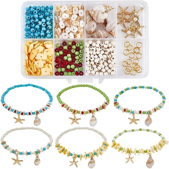 1 Box 352pcs DIY 6 Sets Shell Bracelet Making Kit Shell Chip Beads Summer Light Gold Ocean Sea Stars Electroplate Spiral Shell Turquoise Round Spacer Bead for Jewelry Making Kits
