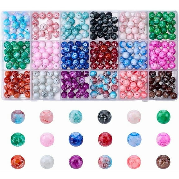 1 Box 360Pcs 18 Styles 8mm Glass Beads Marble Beads Bulk Glasses Small Opaque Black Red Gray Snowflake Line Pattern Round Beads for Bracelets Beading Necklaces Fit Making Women Adult