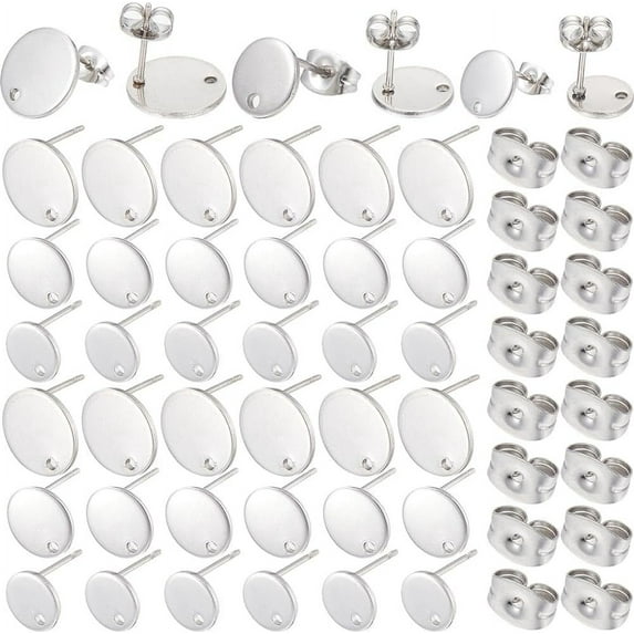 1 Box 36Pcs 3 Size Flat Round Earring Posts Silver Stud Earring Findings Hypoallergenic Stainless Steel Ear Studs with Butterfly Ear Back Blank Earring Posts for Jewelry Making Supplies DIY Silver