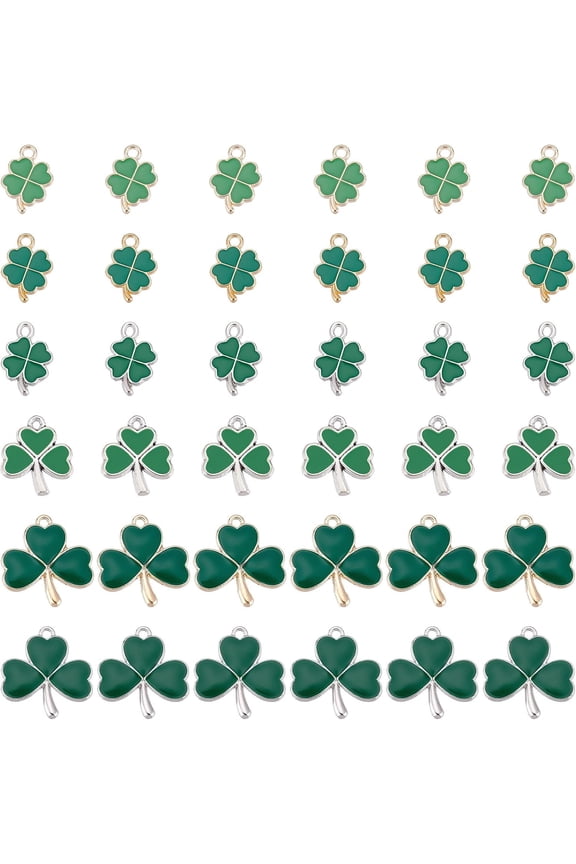 1 Box 36Pcs 6 Style St. Patrick's Day Charms Four Leaf Clover Charm Enamel Lucky 4 Leaf Clover Charms Irish Shamrock Green Charm for Jewelry Making Charms Good Luck Earrings Craft Supplies for DIY
