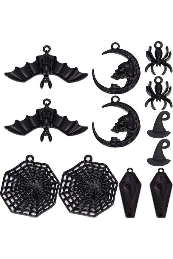 1 Box 36Pcs 6 Styles Black Charms Gothic Charm Magic Hats Crosses Coffin Moon Bat Winter Charm for Jewelry Making Charms Findings Necklace Earring Women Adults Craft Black