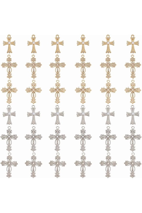 1 Box 36Pcs 6 Styles Medal Crucifix Charms Rhinestone Cross Charm Bulk Gold Silver Metal Alloy Antique Easter Dangle Charms for Jewelry Making Charm Bracelet Earrings DIY Crafts Accessories