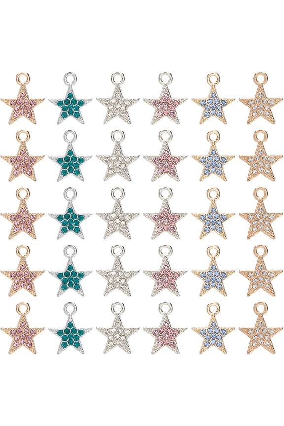 1 Box 36Pcs 6 Styles Rhinestone Star Charm Star Charms Bulk Paired Alloy Metal Silver Mixed Color Shine Stars Charm for Jewelry Making Charms Diy Necklaces Bracelets Earrings Women Gifts for making