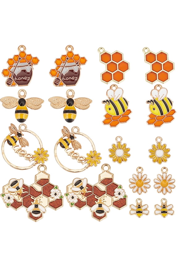 1 Box 36Pcs 9 Styles Bee and Flower Charms Honey Charm Enamel Insect Plant Golden Honeycomb Honeybee Charm for Jewelry Making Charms DIY Keychain