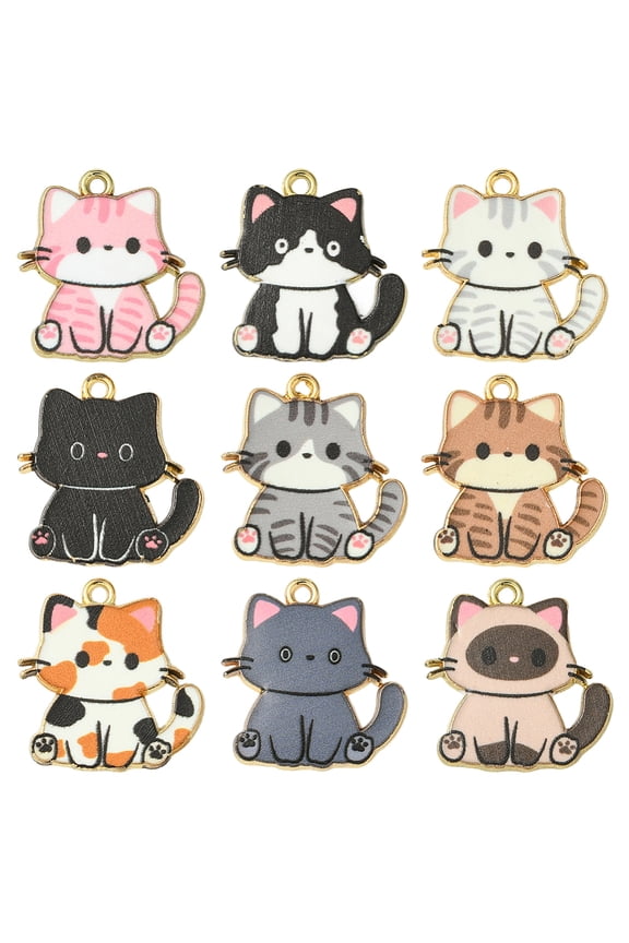 1 Box 36Pcs 9 Styles Cat Shaped Charm Metal Kitty Charms Bulk Gold Alloy Assorted Cartoon Animal Pet Cats Printed Mini Pendants