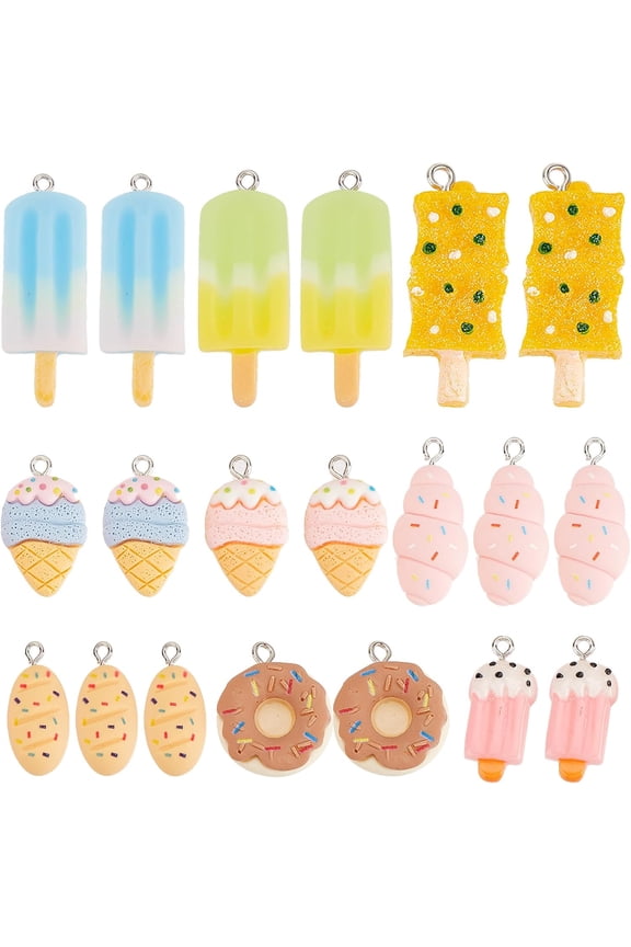 1 Box 36Pcs 9 Styles Sweet Resin Charms Dessert Charms Bulk Donut Ice Cream Bread Charms Flat Back Sweet Food Charm for DIY