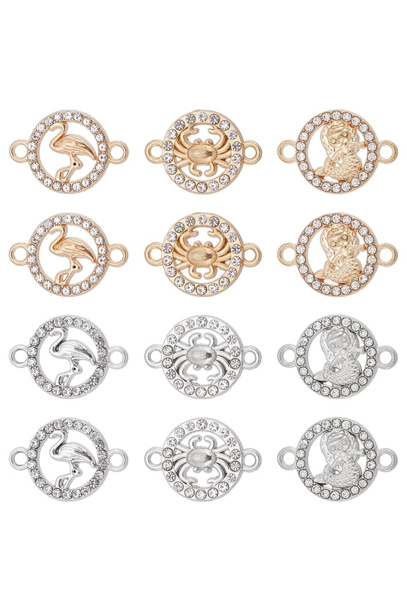 1 Box 36Pcs Rhinestone Connector Charms Gold Flamingo Charm Bulk Alloy Silver Flat Round Animal Crab Links Ocean Sea Life Charms