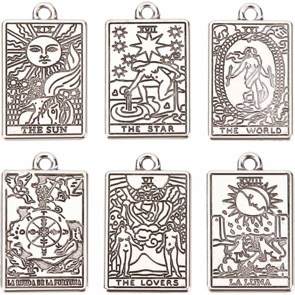 1 Box 36Pcs Tarot Charms Tarot Cards Charm Rectangle Alloy Metal Ouijas Protection Amulet Sun Pendants for Jewelry Making Necklace Earrings Keychain Adult DIY Supplies Silver