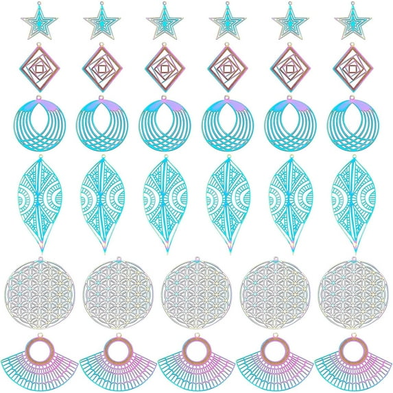 1 Box 36pcs 6 Styles Multi-color Star/Rhombus/Leaf/Fan/Flat Round/Flower of Life Pendants 201 Stainless Steel Filigree Charms Mixed Shapes Pendants for DIY Necklaces Jewelry Making