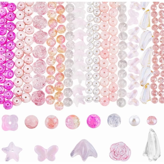 1 Box 370pcs Pink Glass Beads Glass Beads Different Shapes Butterfly Rose Leaves Greenish Lily Flower Loose Spacer Bead for DIY handcrafting