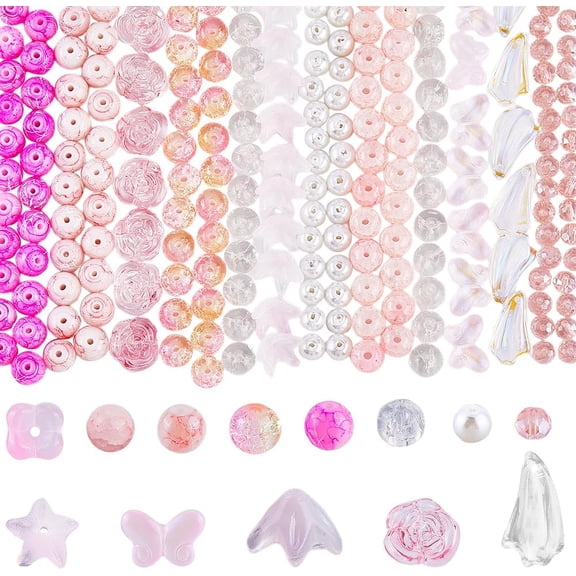 1 Box 370pcs Pink Glass Beads Glass Beads Different Shapes Butterfly Rose Leaves Greenish Lily Flower Loose Spacer Bead