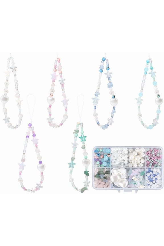 1 Box 376Pcs 6 Sets Phone Charm Making Kit Glass Star Charms Ocean Summer Themed Pink Green Starfish Stars Seashell Beads Mobile Phone Strap for Jewelry Making Kits Keychains Handbag colorful DIY